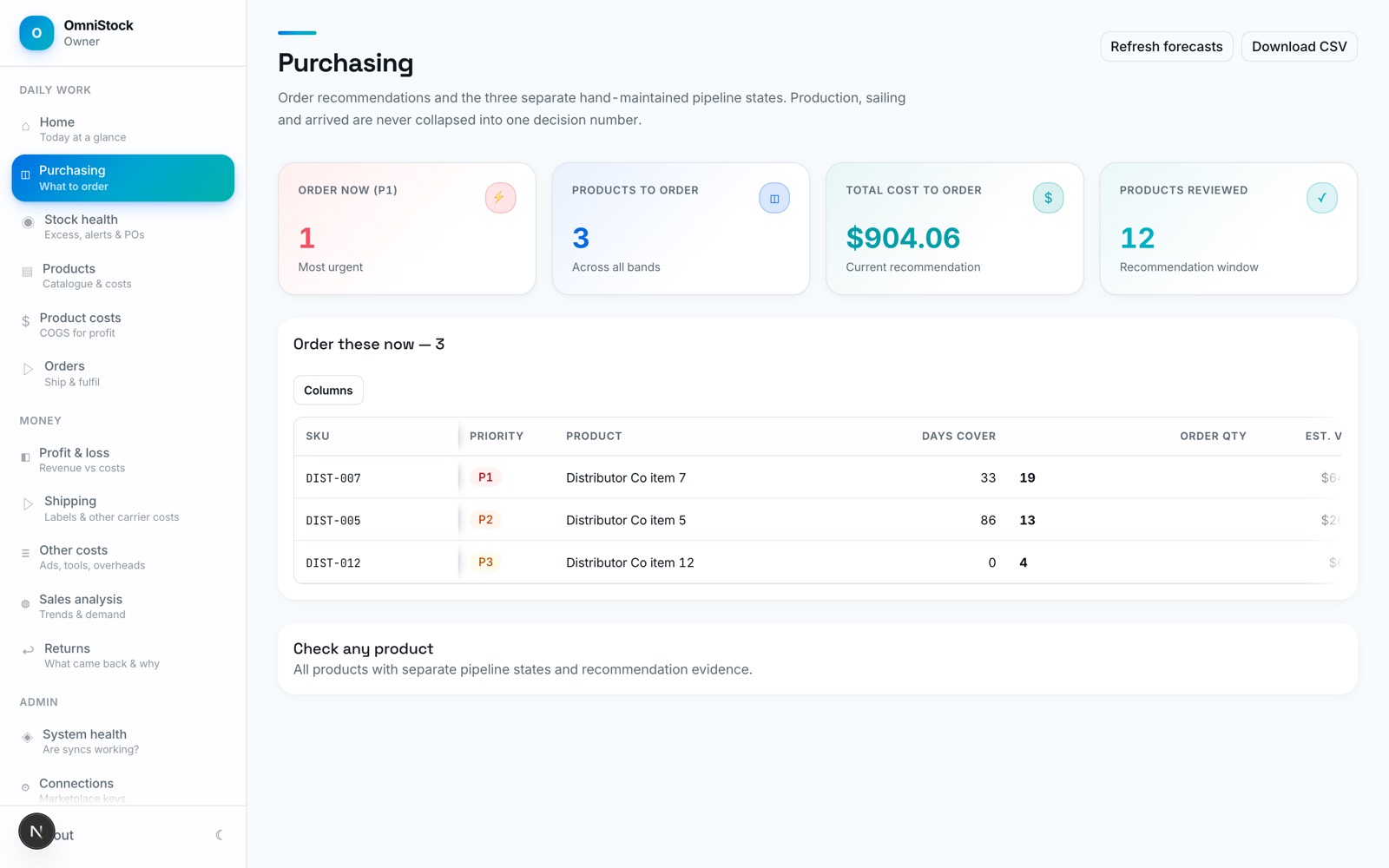 The purchasing screen: what to order now by priority band, with the recommended quantity and the cost to order.